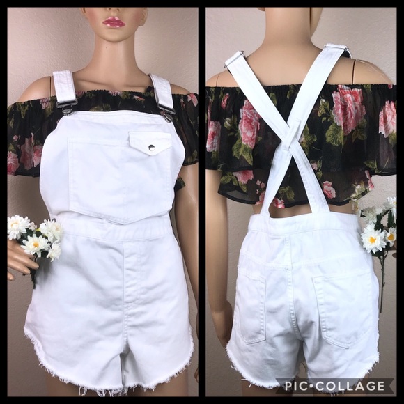 UO BDG Cali Frayed White Denim Shortall Overalls - Picture 4 of 8
